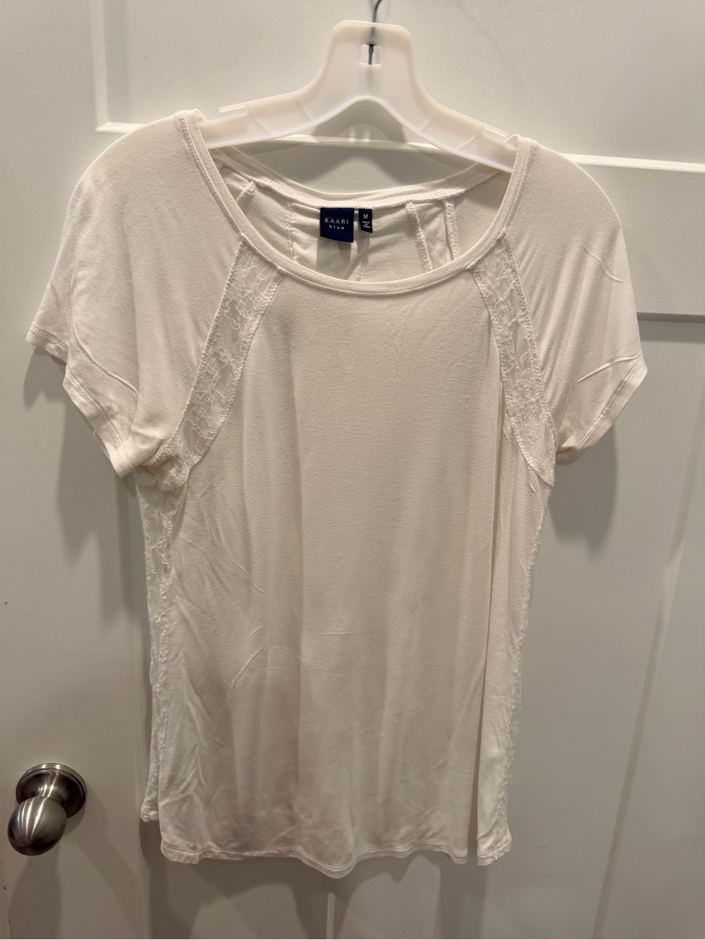 Kaari Blue Ivory Lace Panel Top Medium Short Sleeve Stretch Knit Blouse